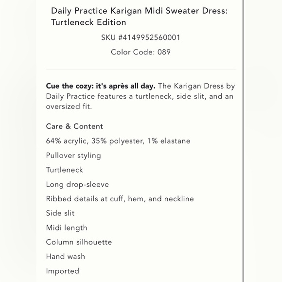 NWT Anthropologie x Daily Practice Karigan Midi Dress Turtleneck Edition - Picture 5 of 6